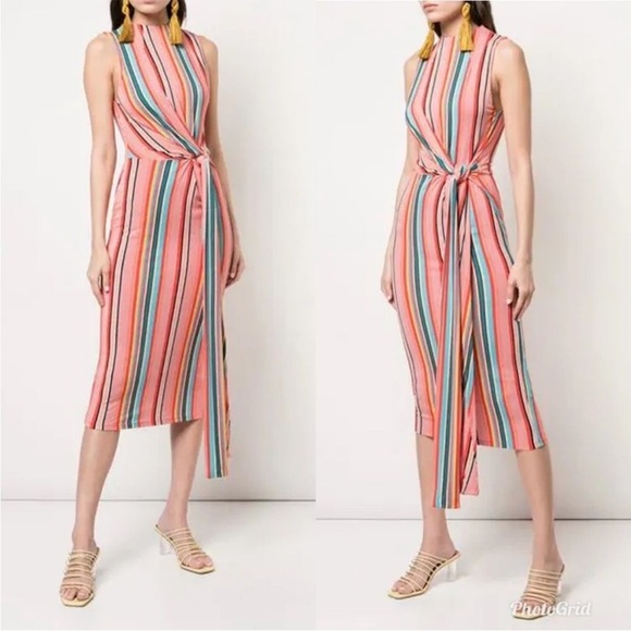 Alice and Olivia Sports Muiltistripes Delora Tie Waist Mock Neck Jersey Midi - Picture 1 of 15